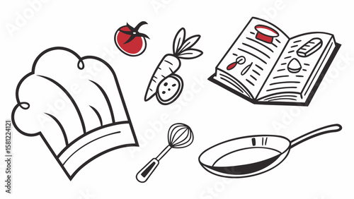Culinary themed illustration featuring a chef's hat, vegetables, and cooking utensils and a recipe book
