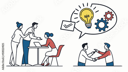 Illustration of a business meeting with idea generation and collaboration between team members
