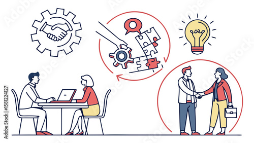 Business meeting with handshake, ideas, puzzle solving and collaboration depicted in a vector illustration
