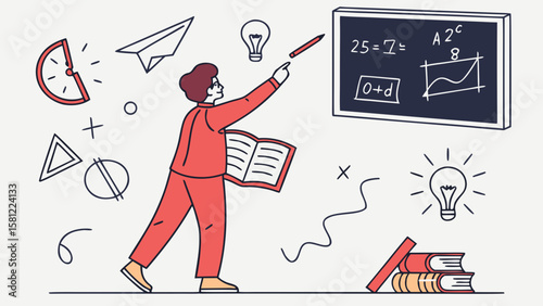 Illustration of a teacher pointing to a blackboard with math equations and geometric figures around him