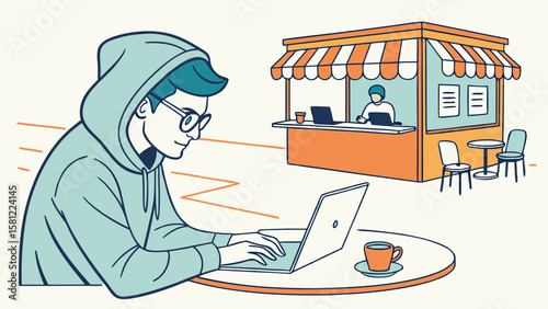 Person working on laptop at cafe with coffee and cafe worker in the background illustration