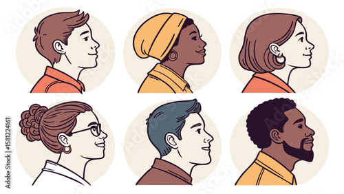 Diverse group of people in profile portraits with different hairstyles and skin tones in a circle