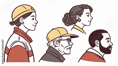 Illustration of diverse people profiles with various hairstyles and headwear in a row format style
