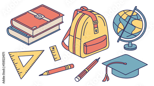 Illustration of school supplies including books backpack globe and graduation cap on white background
