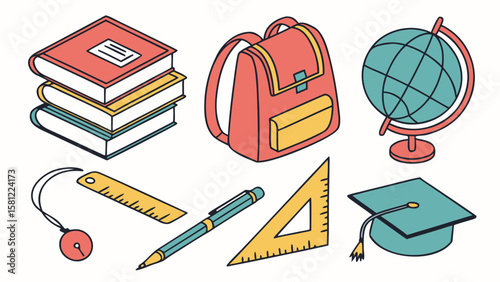 Illustration of school supplies including books backpack globe and graduation cap and other items shown