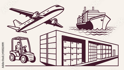 Illustration depicting various modes of transportation including air sea and land freight logistics