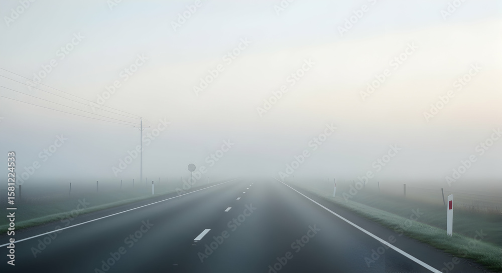 Fototapeta premium Empty Highway Vanishing In Dense Fog On A Rural Morning Landscape