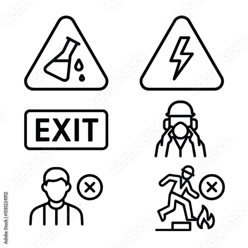 Collection of safety warning icons including chemical hazard, electrical danger, exit sign, and personal protective equipment symbols.