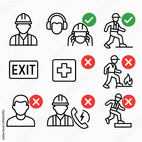 A comprehensive set of line art icons illustrating essential workplace safety rules, personal protective equipment, and hazard prevention guidelines.