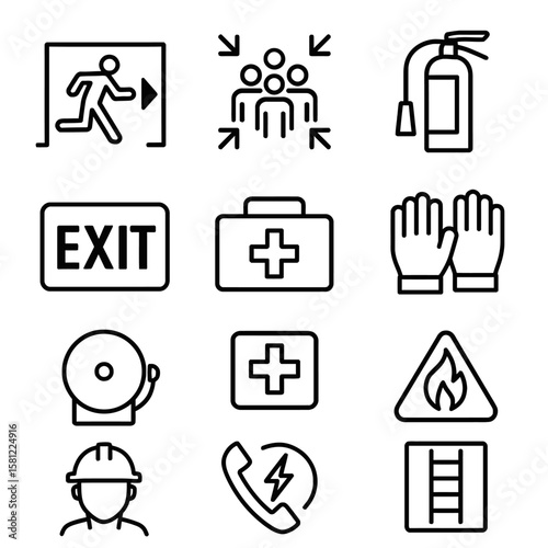 Collection of safety and emergency icons including exit sign, fire extinguisher, first aid kit, and safety helmet.