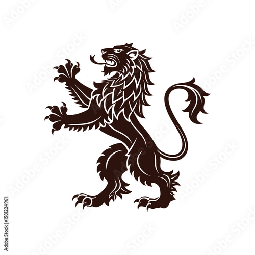 Heraldic lion vector illustration with tribal design in black silhouette style