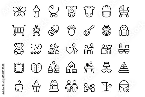 Baby Vector Icon Set flat line style black and white palette bundle