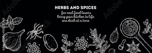High-quality vector illustration of herbs and spices in vintage engraving style. Intricate black and white hand-drawn elements, ideal for premium packaging, branding, and culinary projects.