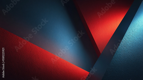 A striking abstract design showcases geometric shapes in shades of red and blue.