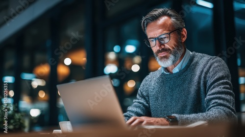 Mature business man executive manager looking at laptop computer watching online webinar training or having virtual meeting video conference taking notes, doing market research working in office., no