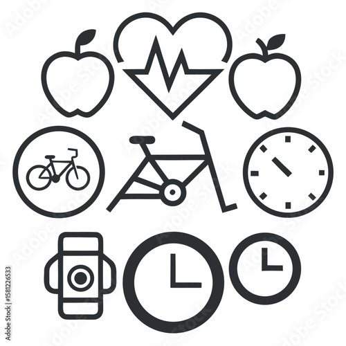 Health and fitness icons including apples heart pulse bicycle and clocks fruit healthy eating