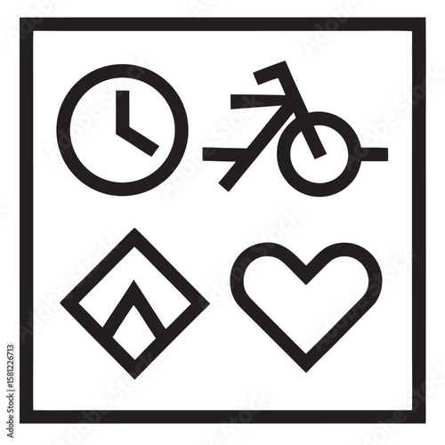Minimalist black line icons clock bicycle mountain heart time bike