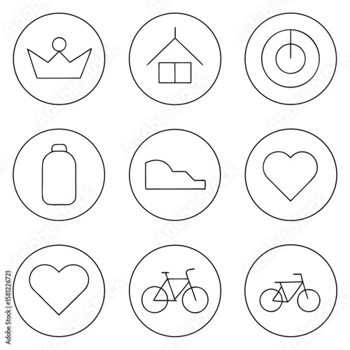 Minimalist line icons crown house power button bottle shoe heart bicycles king royalty