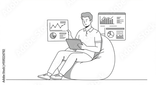 A male analyst sitting on a beanbag chair, working with data visualization charts on a digital tablet. Line art illustration of business analytics.