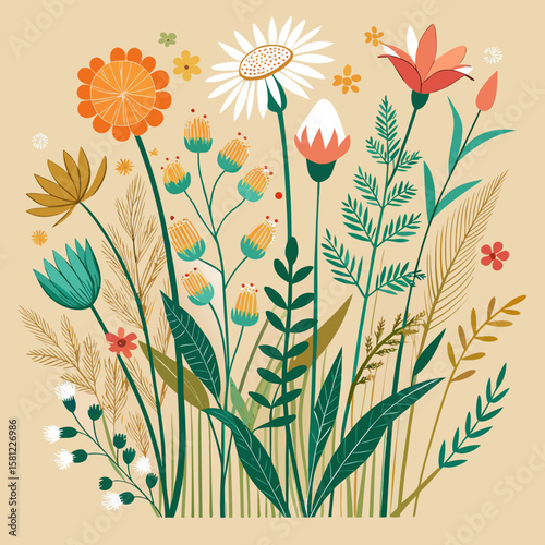 Wild Flowers Line Drawing Style
