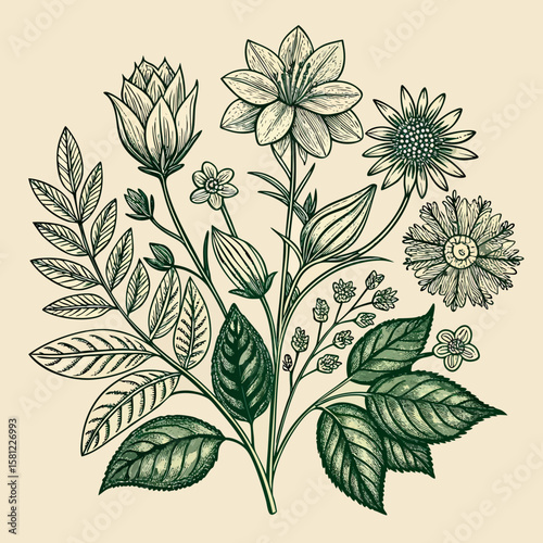 Wild Flowers Line Drawing Style