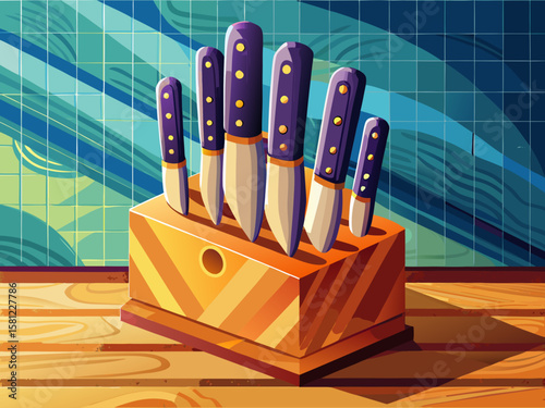 vector of Six stainless steel kitchen knives in a neat wooden block placed on a modern table