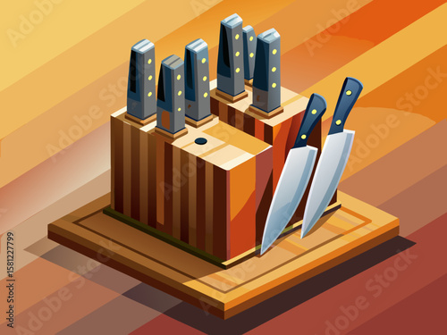 vector of Six stainless steel kitchen knives in a neat wooden block placed on a modern table