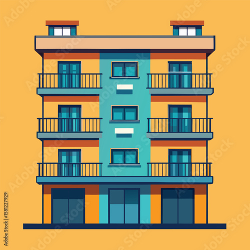 Modern apartment building illustration featuring balconies and clean architectural lines against orange backdrop