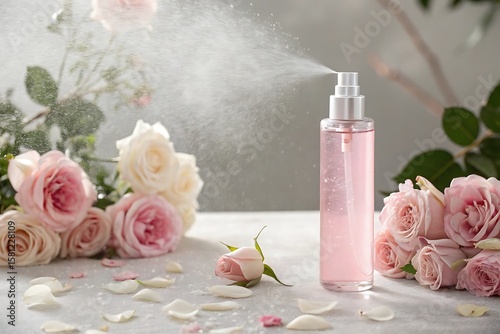 Pink rose water spray bottle with fresh roses and petals isolated on white background