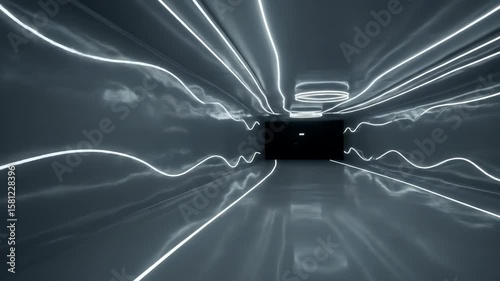Futuristic illuminated tunnel with abstract wavy light lines creating a sleek digital pathway, leading into darkness with glowing reflections on the floor.