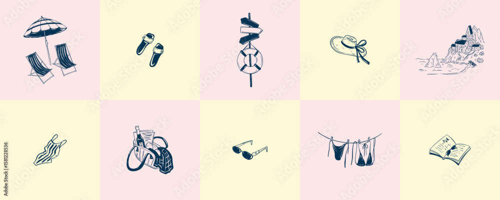 Fototapeta premium Set of summer beach vacations retro style posters. Hand drawn doodle sketch vector illustration. Grid vintage pastel background. Umbrella and chaise lounge chairs. Amalfi coastal landscape postcard