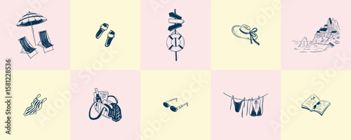 Set of summer beach vacations retro style posters. Hand drawn doodle sketch vector illustration. Grid vintage pastel background. Umbrella and chaise lounge chairs. Amalfi coastal landscape postcard
