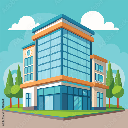 Modern flat illustration of a commercial building with green trees and blue sky