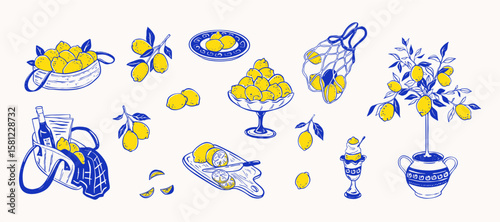 Set of blu and yellow lemon design elements. Whimsical doodle drawing. La Dolce vita Italian style. Citrus tree, vase, basket, plate, board. Lime branches, fruits, leaves. Amalfi, Positano clip art
