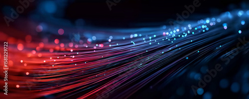 Abstract background with light waves and fiber optic cables, a blue-red gradient, representing the concept of data transfer speed