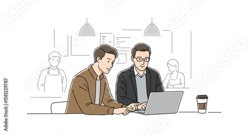 Two businessmen collaborating on a project with a laptop in a modern cafe. Line art illustration of teamwork and strategy.