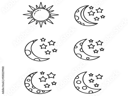 Sun and night moon with stars editable stroke outline icons set isolated on white background flat vector illustration 
