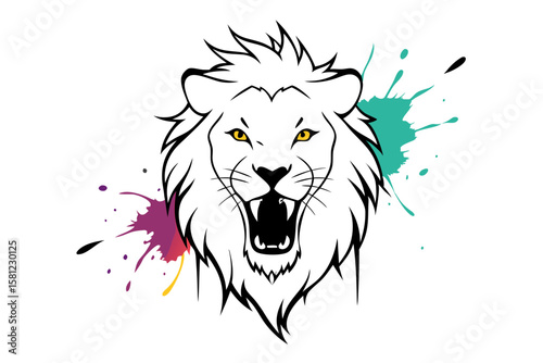 Furious Lion Watercolor Splash Art with Alcohol Ink and Line Drawing Details