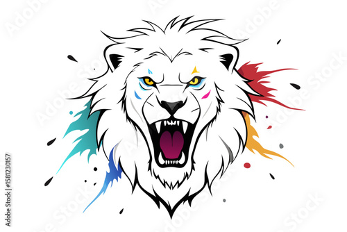 Powerful Lion Watercolor Illustration with Ink Splash and Line Drawing