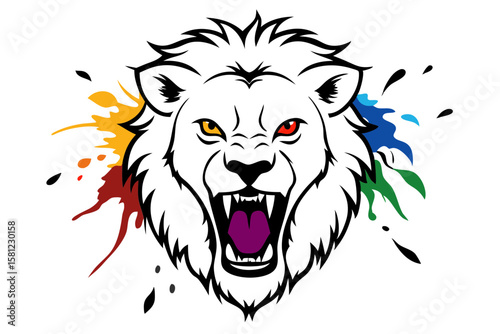 Bold and Furious Lion Artwork with Alcohol Ink Splashes and Line Style