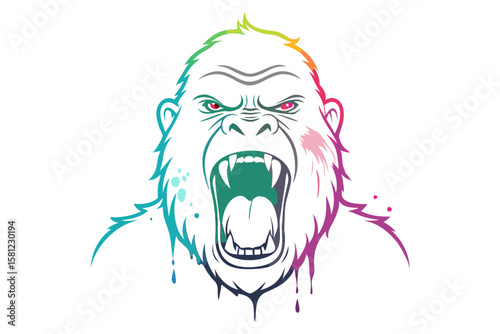 Powerful Gorilla Watercolor Splash Illustration with Alcohol Ink and Line Art
