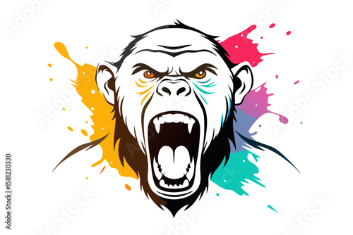 Expressive Chimpanzee Art with Line Drawing and Alcohol Ink Painting