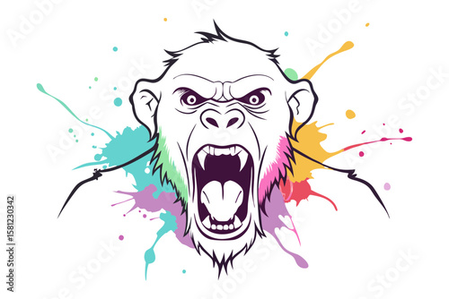 Furious Chimpanzee Ink Splash Vector with Watercolor and Line Drawing