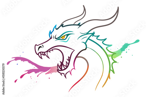 Fierce Dragon Watercolor Splash Artwork with Alcohol Ink and Line Drawing