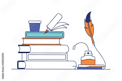 Stack of Books Line Drawing with Classic Ink and Quill Pen Illustration