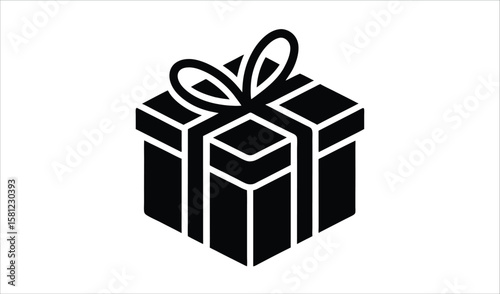 Simple black and white icon of a gift box tied with a ribbon