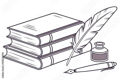 Vintage Stack of Books Vector with Quill Pen in Line Drawing Style