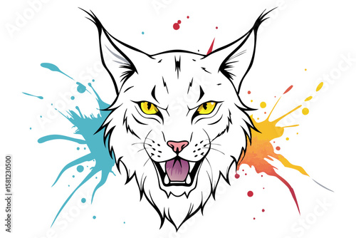 Furious Lynx Watercolor Ink Splash Art with Alcohol Ink and Line Drawing