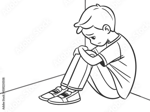 Sad Toddler Boy Sitting Alone on Floor with White Background