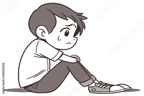 Lonely Toddler Boy Sitting on Ground in White Background